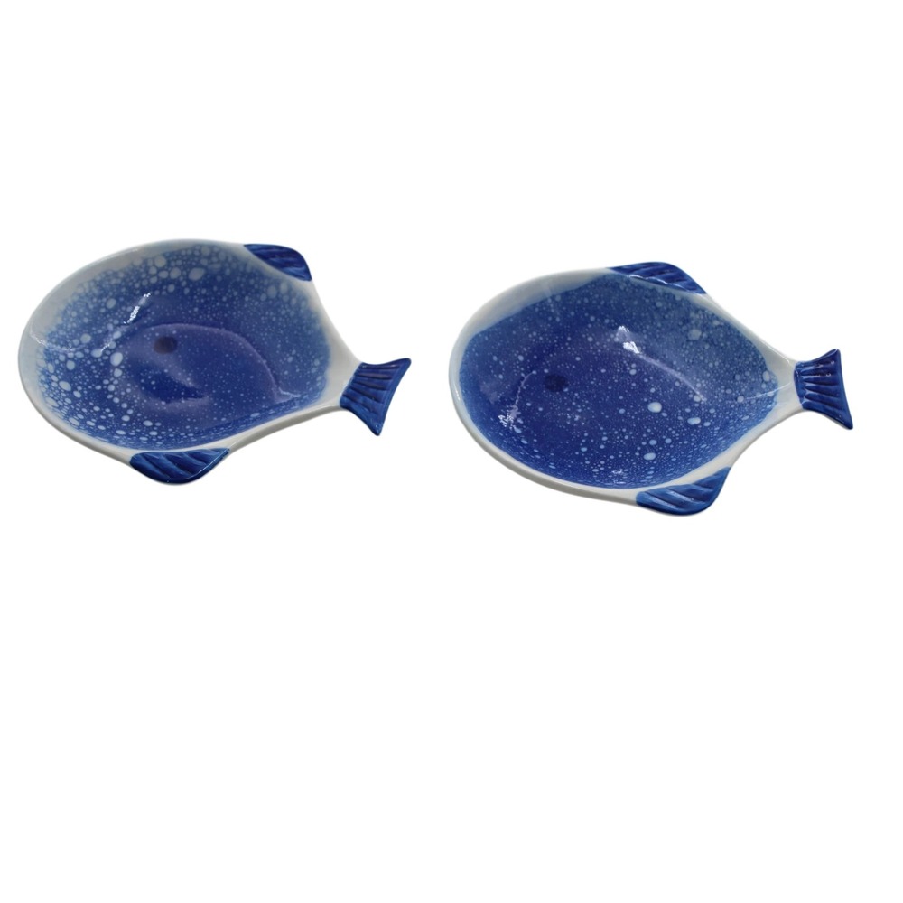 Blue and White Ceramic Fish Spoon Rest Set of 2 Nautical Coastal Decor